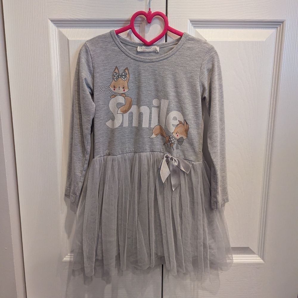 Gray Long Sleeve Tulle Dress with Fox Design